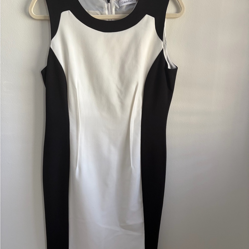 Calvin Klein Black and White Colorblock Midi Sheath Dress